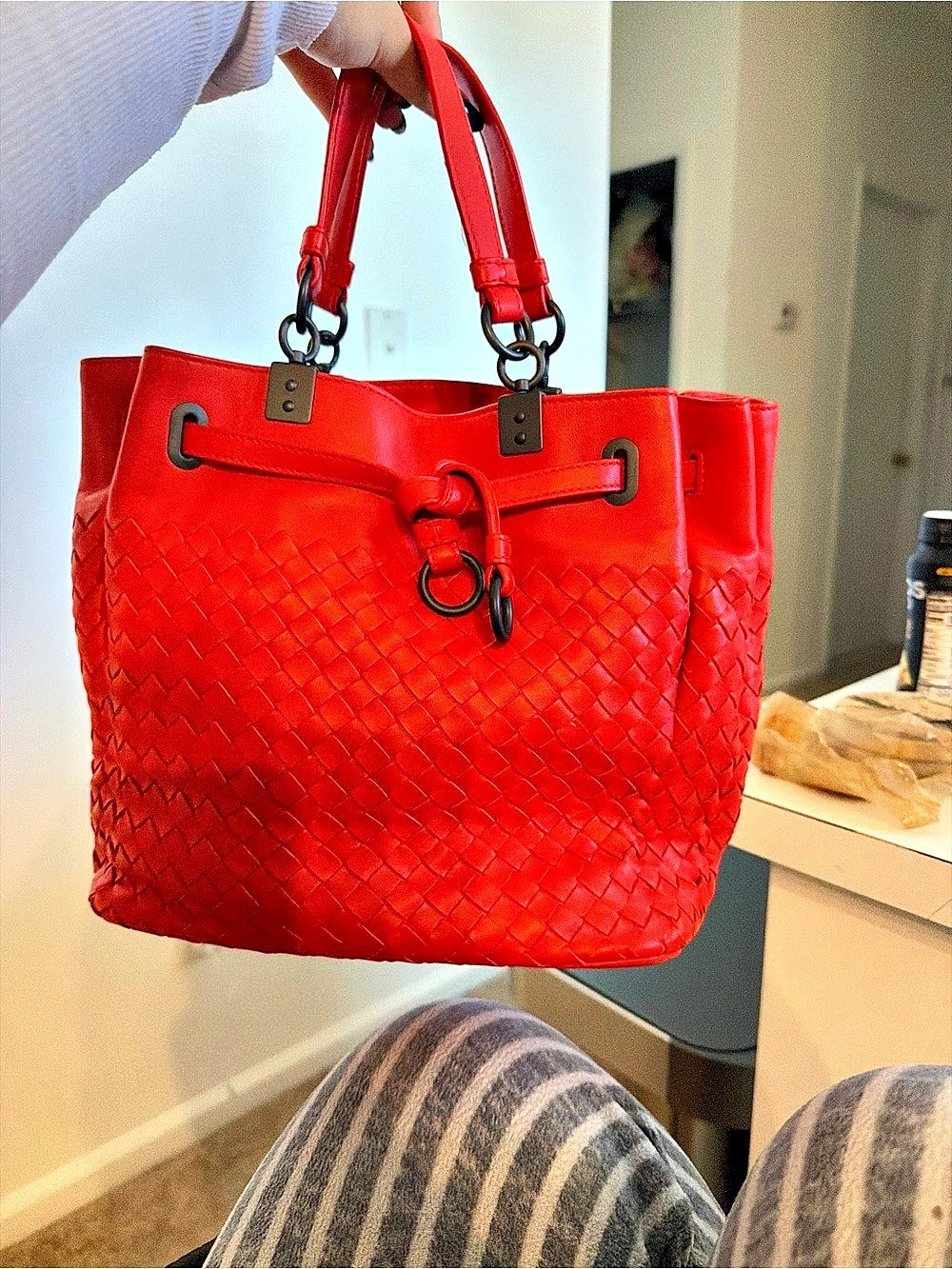 Bottega Veneta Woven Intrecciato Pleated Tote Bag Red